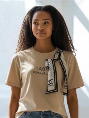 TASTE POPULARLOGO Chanel Decor (MED) Beige Graphic Tie-Accent Tee/Scarf